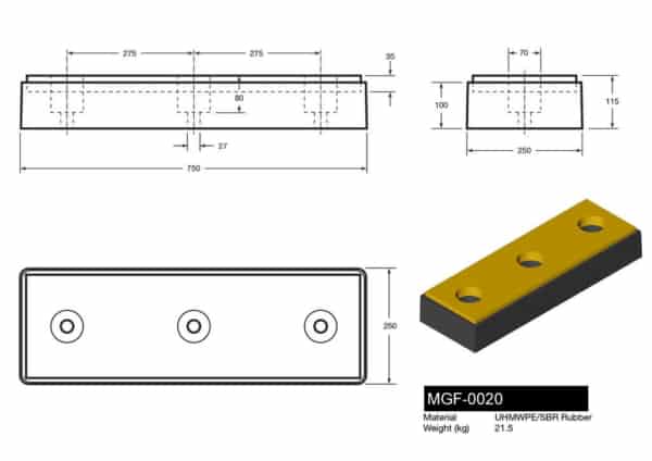 MGF-0020 Type 3010 Dock Bumper in UHMWPE Drawing